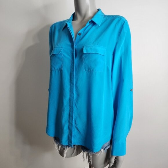 Ann Taylor Blue Silk Long Sleeve Button Down Roll Tab Blouse Size M - Picture 11 of 13